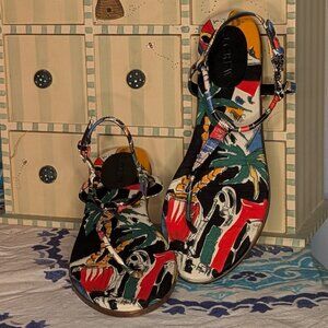 J. Crew "In Destination" Tropical Printed Leather T-strap Sandals 7.5M